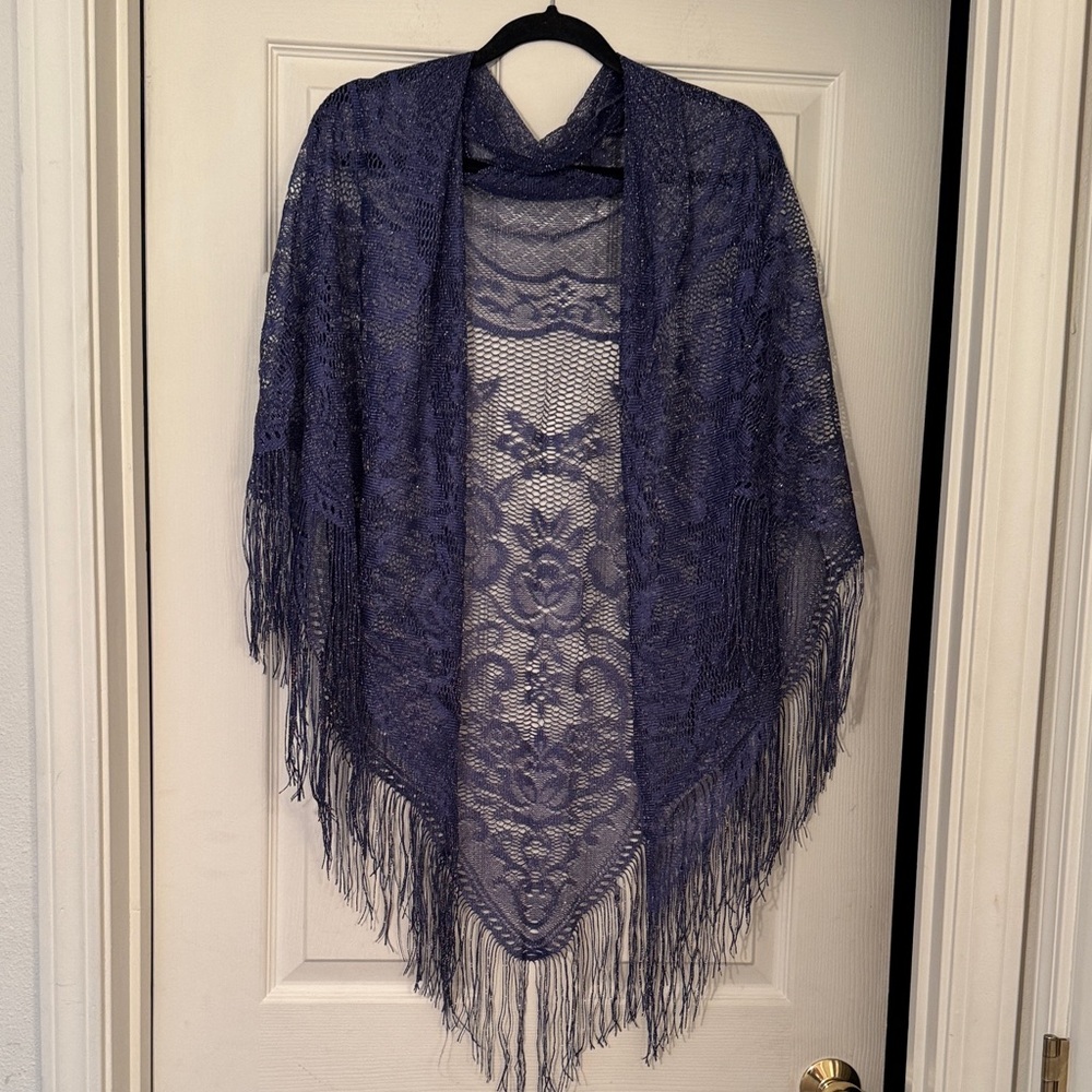 Blue and Silver metallic Lace Fringe Shawl with 5” fringe and flower pattern